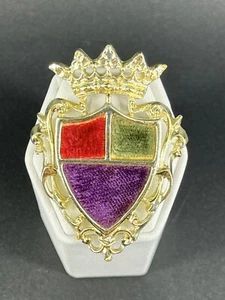 Gold Tone Shield and Crown Brooch Pin with Red Green and Purple Inlay - Picture 1 of 7
