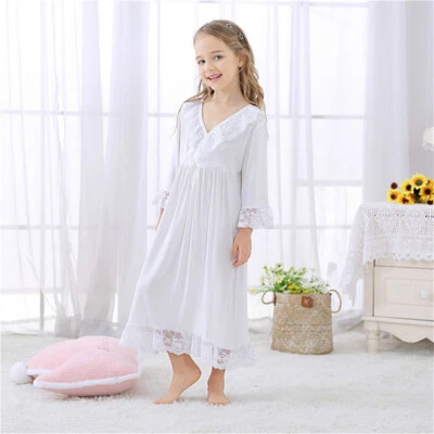 Girl Kid Cotton Nightdress Lace Princess Pajamas Sleepwear Nightgown 2-10Y Soft - Image 1 of 4