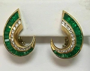 14k Yellow Gold Finish 3.50Ct Simulated Diamond & Green Emerald Womens Earrings - Picture 1 of 5