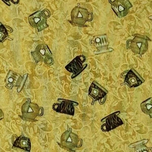 Tea Coffee Cups Olive Green Debbie Mumm Cotton Quilting Fabric 1 yard + 33" inch - Picture 1 of 6
