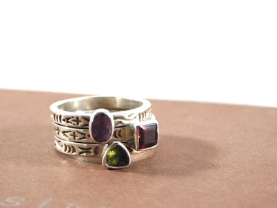 SILPADA Sterling 3 Stackable Etched Peridot Amethyst Garnet Rings Sz 8 R0455 - Image 1 of 4