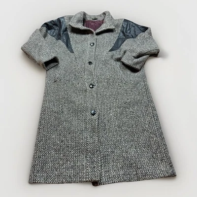 Vintage 70s 80s Tweed Leather Trench Top Coat Overcoat Women’s XL Long - Image 1 of 4