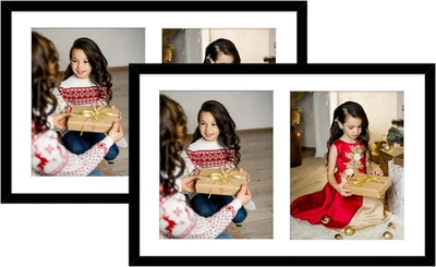 , 12X19 Black Wood Frame with White Mat - Displays Two 8X10 Photos - Real Glass, - Image 1 of 4