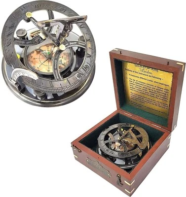 Nautical Antique Brass Sundial Compass With Hardwood Box Maritime Compass Gift - Image 1 of 4
