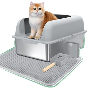 Upgraded Extra Large Stainless Steel Cat Litter Box With Lid, Scoop, Cushion - Picture 1 of 9