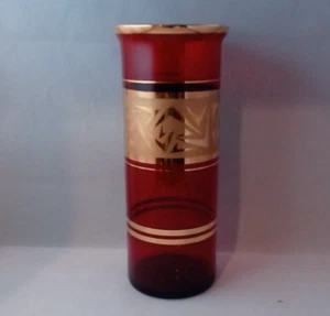 C&K Czech Bohemian Ruby Red Glass w/ Gold Gilt 8" x 3-3/8" Dia Sticker on bottom - Picture 1 of 6