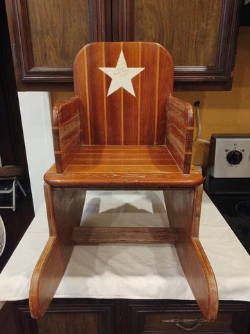 Vintage Child's Rocking Chair Two Tone Writing on chair Wood Hand Made Dusty Cover