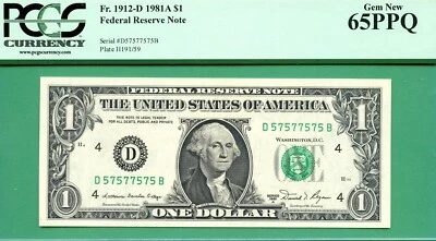 1 of 2 MATCHING REPEATER RADAR SERIALS 57577575 - 1981A $1 FRN - PCGS GEM 65 PPQ - Image 1 of 2