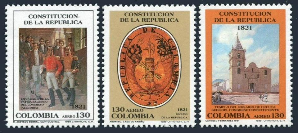 Colombia C815-C817,MNH.Mi 1780-1782. Constitution of Republic.1989.Arms,Temple. - Image 1 of 1