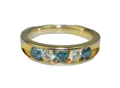 14K YELLOW GOLD BLUE & WHITE DIAMOND WEDDING BAND RING CHANNEL SET SIZE 7.5 - Изображение 1 из 4