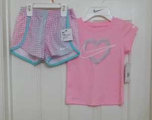 NWT 2pc Nike Pink Heart Top & Print Running Shorts Set sz 5 - Picture 1 of 1