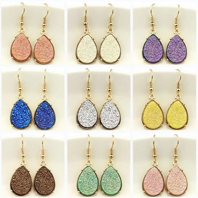  Faux Druzy Waterdrop Gold Frame Mini Teardrop Crystal Dangle Drop Hook Earrings - Image 1 of 4