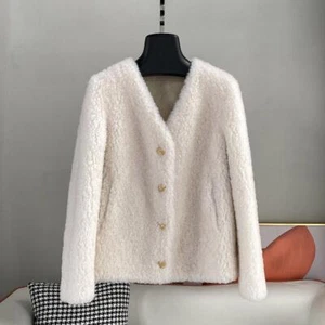 Giacca cappotto corto donna scollo V 100% lana pelliccia di agnello vero shearling monopetto - Foto 1 di 13