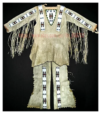 Men's Native American Buckskin Bucksin Suede Leather Fringe War Shirt Pants Suit - Image 1 of 4