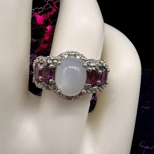 925 Sterling Silver Cabochon Moonstone & Oval Cut Garnet Gemstone Ring Size 7 - Picture 1 of 13