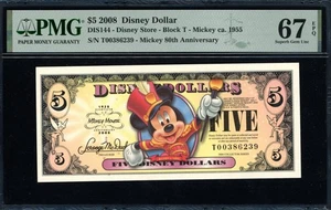2008 $5 Disney Dollar Mickey PMG Gem Uncirculated 67EPQ T Block DIS144 - Picture 1 of 2