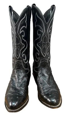 Antiga Bota Western Larry Mahan Full Quill Avestruz EUA 8.5 E Botas de Cowboy Pretas - Imagem 1 de 4