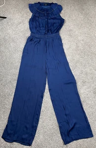 Current Air Jumpsuit Womens Medium Navy Satin Chiffon Ruffled Boho Relaxed Beach - Picture 1 of 12