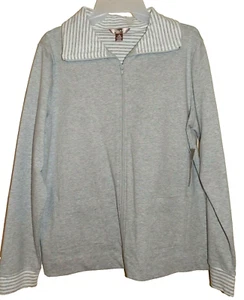 Women's New Medium 8-10 Gray Cotton Knit Jacket Zipper Front Stripe Trim - Picture 1 of 2