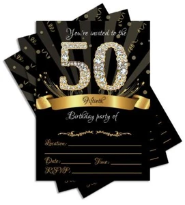 50th Birthday Party Invitations 5x7 Black & Gold Cards with Envelopes and Gol... - Picture 1 of 3