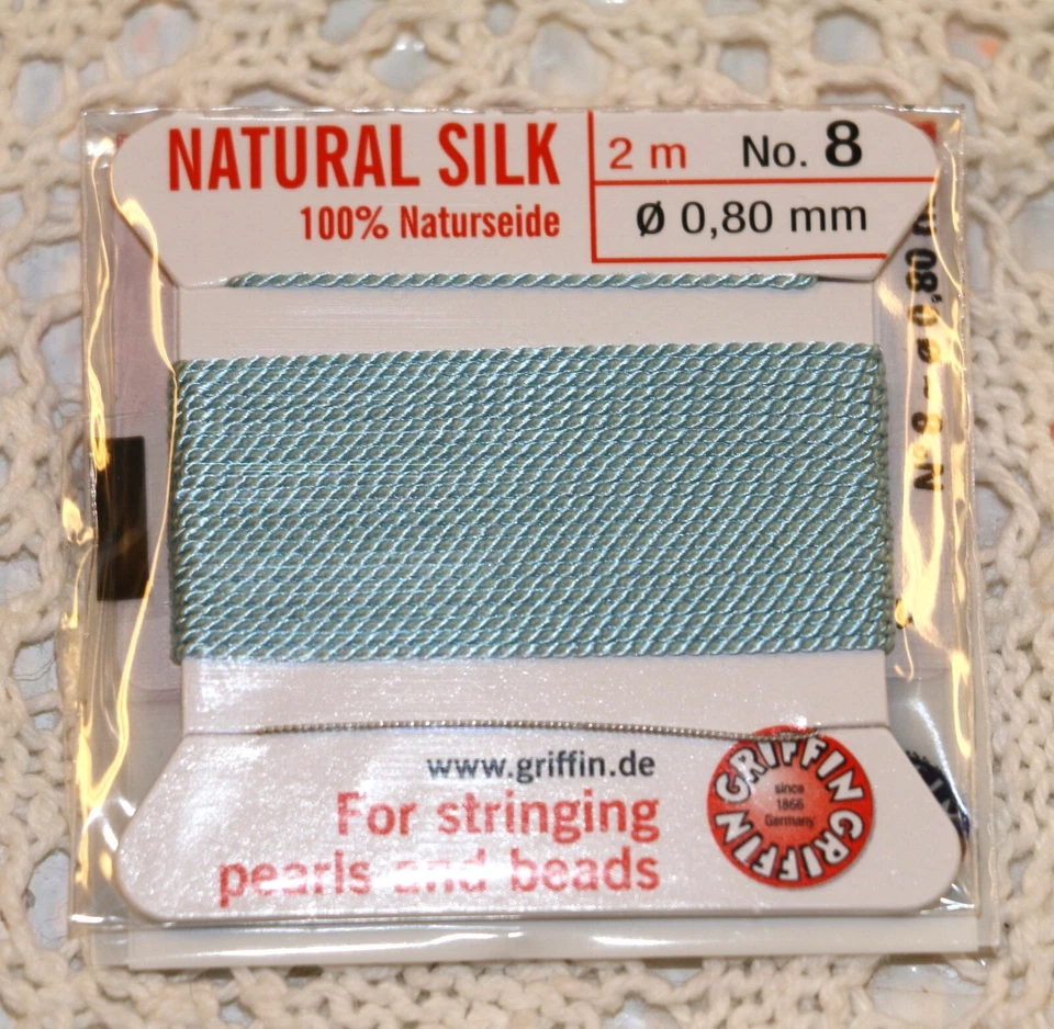 Cordón de seda natural Griffin con aguja de metal, No. 8, 2 metros, 0,80 mm, turquesa Foto 1 de 1