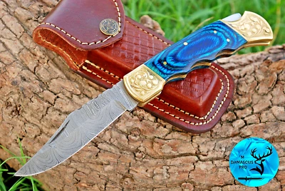 NAVAJA DE BOLSILLO PLEGABLE DE ACERO DAMASCO FORJADO HECHA A MEDIDA MANGO DE MADERA Y LATÓN 1503 Foto 1 de 4