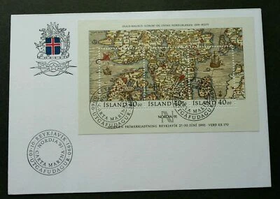[SJ] Iceland Nordia '91 1990 Map Ship Sailboat Maritime Route (miniature FDC) - Image 1 of 4