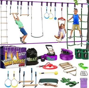 Ninja Warrior Obstacle Course for Kids -2 x 55ft Slackline Cargo Net Rope Ladder - Picture 1 of 10