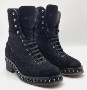 Chanel Black Tweed and Suede Leather Chain Link Lace Up Cc Ankle Combat Boots - Picture 1 of 21