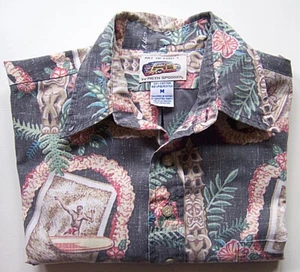 Reyn Spooner Art of Eddy Y Reverse Print Tiki Statue / Surfer Hawaiian Shirt ~ M - Picture 1 of 2