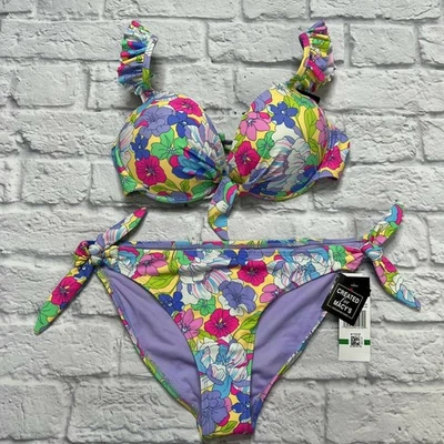 California Waves Juniors' Boho Floral 2pc Bikini Ruffle Side Tie Underwire L New - Image 1 of 4