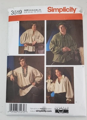 Simplicity 3519 Mens Jerkin Shirt Costume Sewing Pattern Size XS S M L XL Uncut - Image 1 of 3