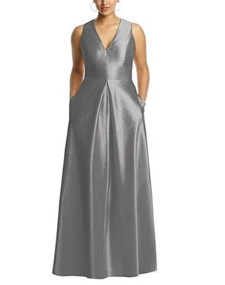 Alfred Sung D611 Womens size 10 Gray Satin Maxi Formal Gown Dress Sleeveless — 第 1/4 张图片