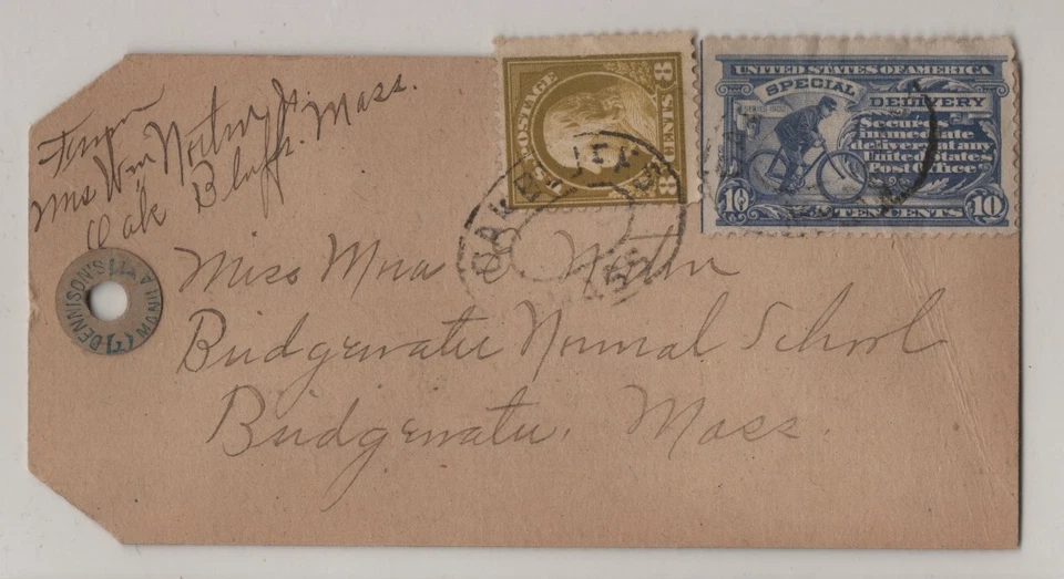 US OAK BLUFFS RARE USEAGE OF SPECIAL DELIVERY ON PARCEL TAG TO BRIDGEWATER MA - Image 1 of 2