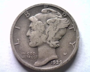 Moneda de diez centavos de mercurio 1929 muy fina en muy buen estado bonita moneda original de bobs monedas envío rápido 99c - Imagen 1 de 2