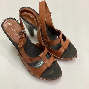 Celine Leather Sandal With High Heel Platform Slingback Shoes Brown 8.5 HTF - Picture 1 of 17