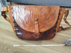 Vintage Tan Brown Leather Hand Tooled Embossed Shoulder Bag Satchel Saddle Bag - Picture 1 of 13