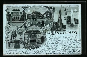 Mondschein-Lithographie Düsseldorf, Bahnhof, Johannis-Kirche, Fontaine im Hofga - Picture 1 of 2