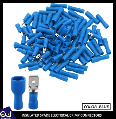 E.U. AUTOPARTS LTD 100x BLUE FULLY INSULATED SPADE ELECTRICAL CRIMP CONNECTORS -AUDIO / ELECTRIC