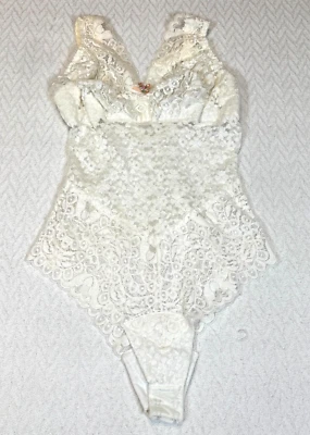 White Lace Mesh Bodysuit Size 34 M Embroidered Bridal Lingerie Vtg 80's Floral - Image 1 of 4