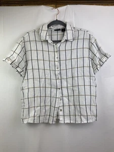 Tahari White Plaid 75/25 Linen Cotten Blend Button Down T Shirt - Picture 1 of 9