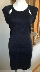 Express Damen L dunkelblau schimmernd rund Schlüsselloch Ausschnitt Etui Flügelärmel Kleid - Bild 1 von 7