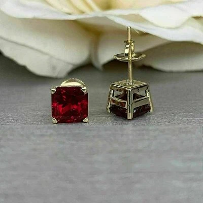 2Ct Lab Created Red Ruby Screw Back Stud Earrings Yellow Gold Plated Women's - Image 1 of 4