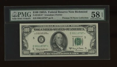 DBR 1963-A $100 FRN Richmond STAR Fr. 2163-E* PMG 58 EPQ Serial E00118787* - Image 1 of 2