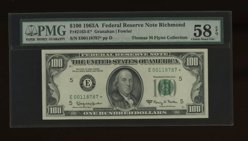 DBR 1963-A $100 FRN Richmond STAR Fr. 2163-E* PMG 58 EPQ Serial E00118787* - Image 1 of 2