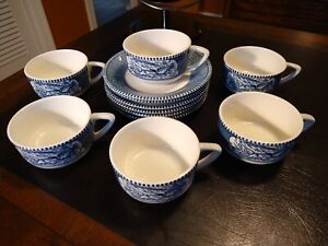 Set of 6, Royal China Currier & Ives Horse & Buggy Coffee Cups Steamboat Saucers