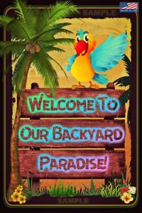Welcome Backyard Paradise 8"X12" Metal Sign Tiki Bar Pool Hot Tub Beach Decor