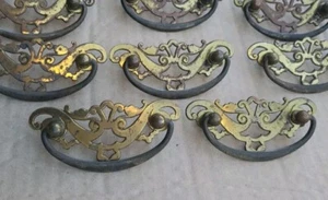 Early Set 8 dresser Provincial Brass Victorian drawer pulls 4-1/2 x2-1/2( L-30) - Picture 1 of 14