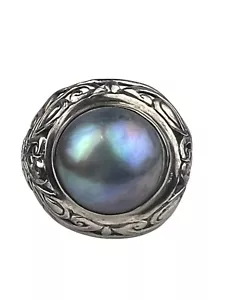 Sterling Silver Chunky Scroll Statement Ring Blue Mabe Pearl Sizes 7 - Picture 1 of 10