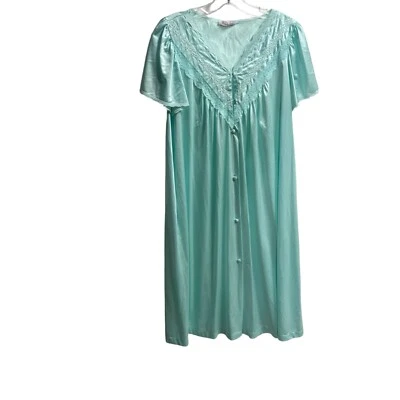 Vintage Vanity Fair Women Nylon Nightgown Size Medium Green Button Front Pockets - Image 1 of 4